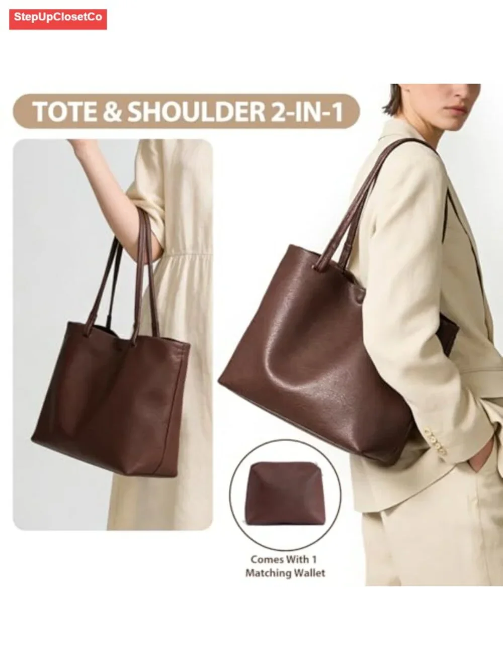 Medium Vegan Leather Tote Bag with Coin Purse for Women Work